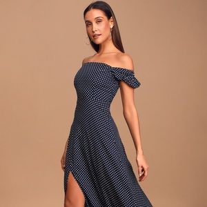 Lulu’s “Dream Love Navy Blue Polka Dot Off-the-Shoulder Maxi Dress”